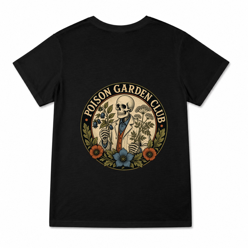 Women's Poison Garden Club Graphic T-Shirt on a black T-shirt.