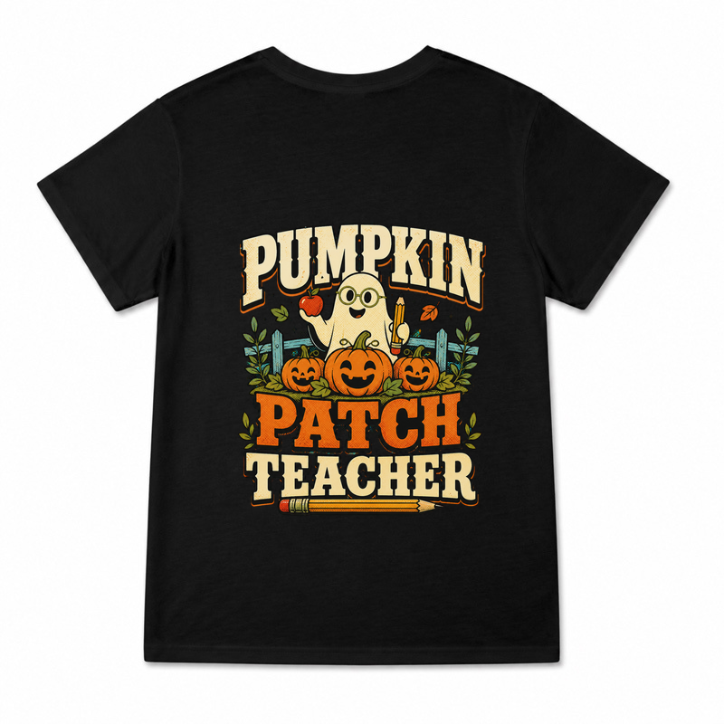 Women's Pumpkin Patch Teacher Graphic T-Shirt on a black T-shirt.