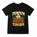 Women's Pumpkin Patch Teacher Graphic T-Shirt on a black T-shirt.