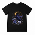 Women's Raven Moon Botanical Graphic T-Shirt on a black T-shirt.