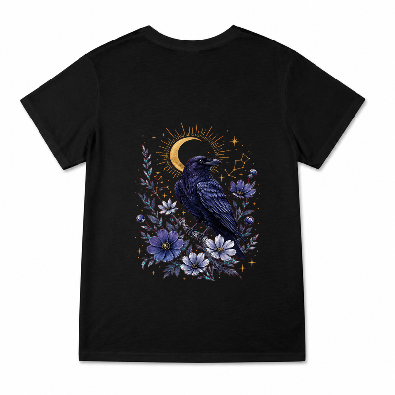 Women's Raven Moon Botanical Graphic T-Shirt on a black T-shirt.