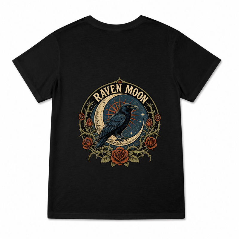 Women's Raven Moon Graphic T-Shirt on a black T-shirt.