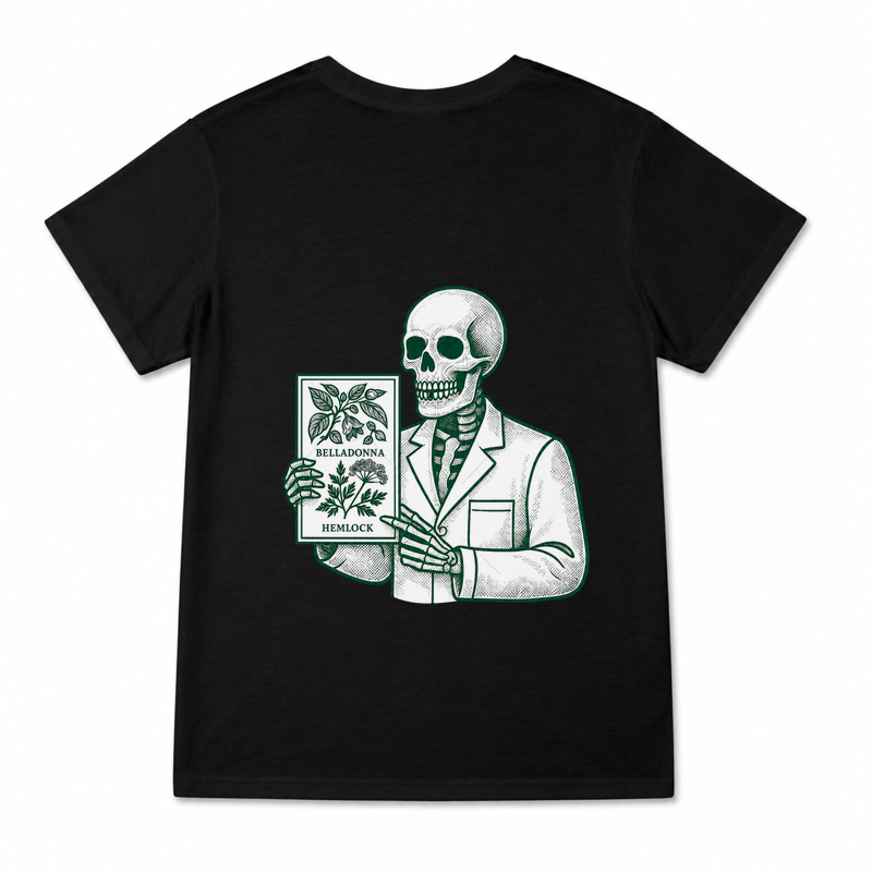 Women's Skeleton Poison Garden Graphic T-Shirt on a black T-shirt.