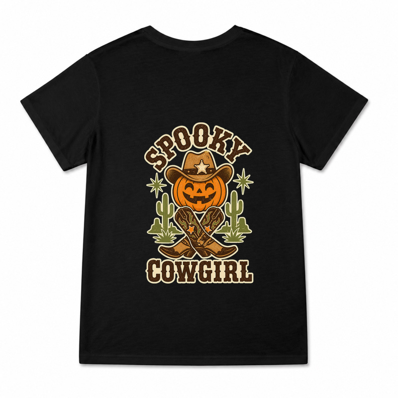 Women's Spooky Cowgirl Graphic T-Shirt on a black T-shirt.