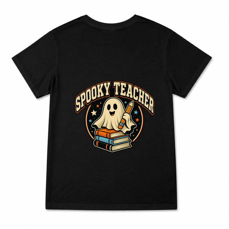 Women's Spooky Teacher Graphic T-Shirt on a black T-shirt.