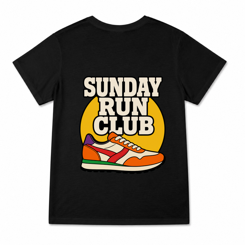Women's Sunday Run Club Graphic T-Shirt on a black T-shirt.