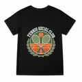 Women's Tennis Social Club Racket Seal Graphic T-Shirt on a black T-shirt.
