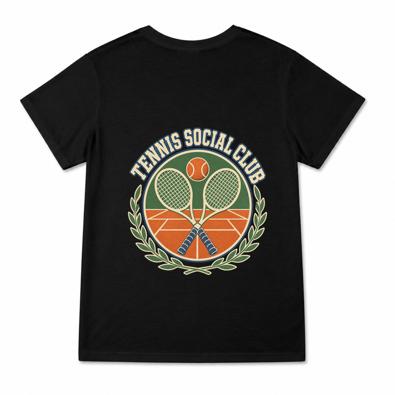 Women's Tennis Social Club Racket Seal Graphic T-Shirt on a black T-shirt.