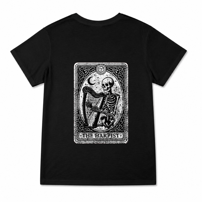 Women's The Harpist Skeleton Graphic T-Shirt on a black T-shirt.