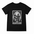 Women's The Harpist Skeleton Graphic T-Shirt on a black T-shirt.