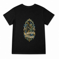 Women's The Haunted Harpist Graphic T-Shirt on a black T-shirt.