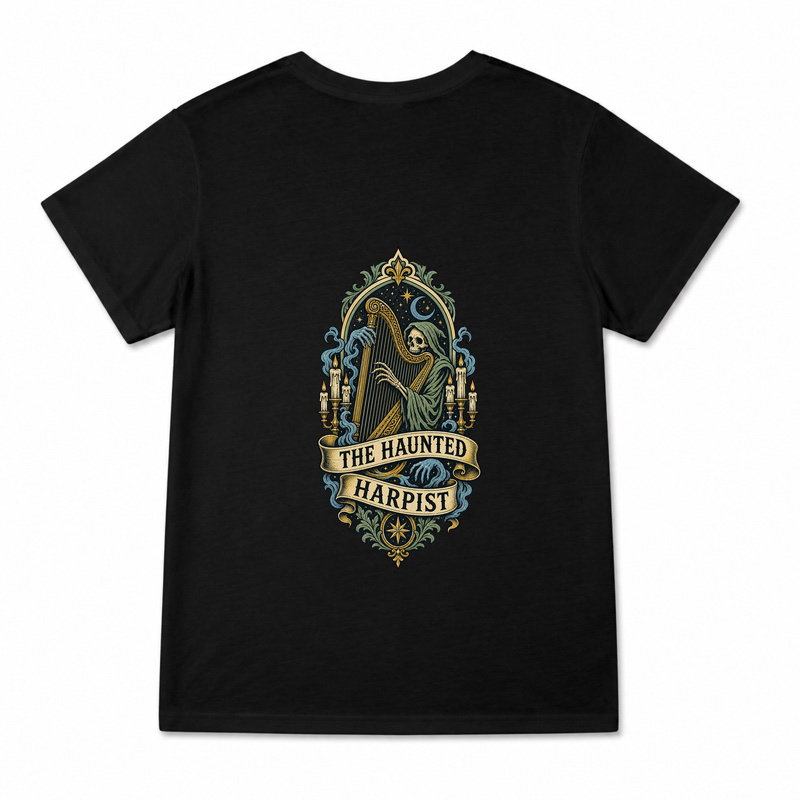 Women's The Haunted Harpist Graphic T-Shirt on a black T-shirt.