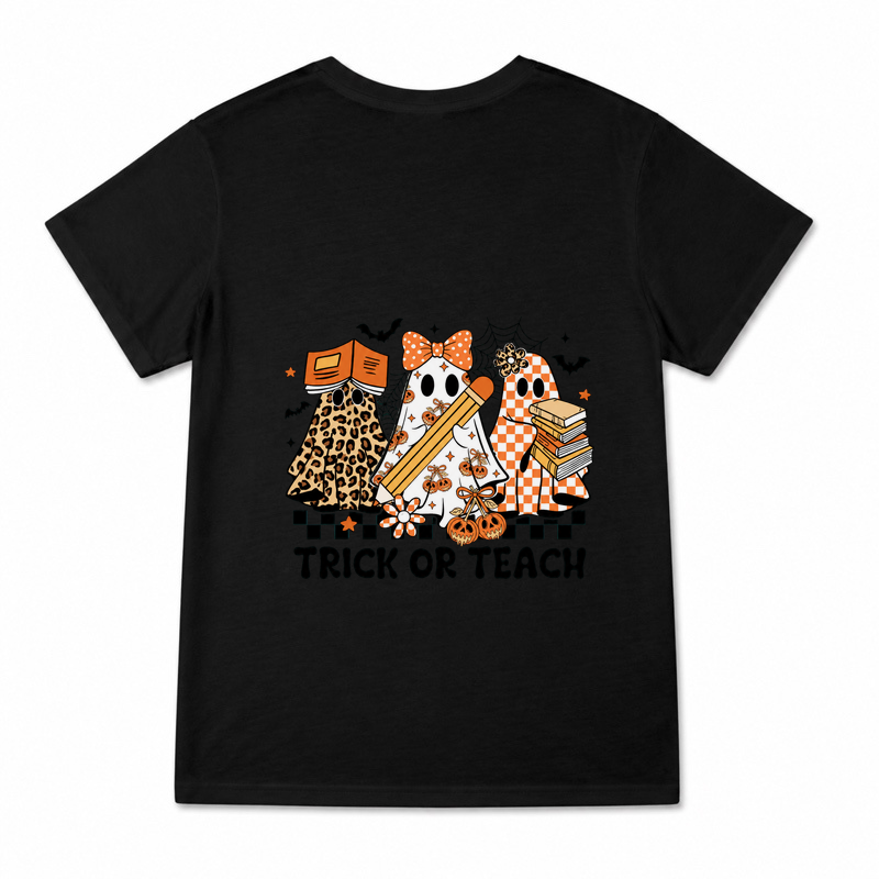 Women's Trick or Teach Ghost Graphic T-Shirt on a black T-shirt.