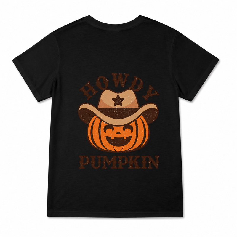 Women's Western Halloween Pumpkin Graphic T-Shirt on a black T-shirt.