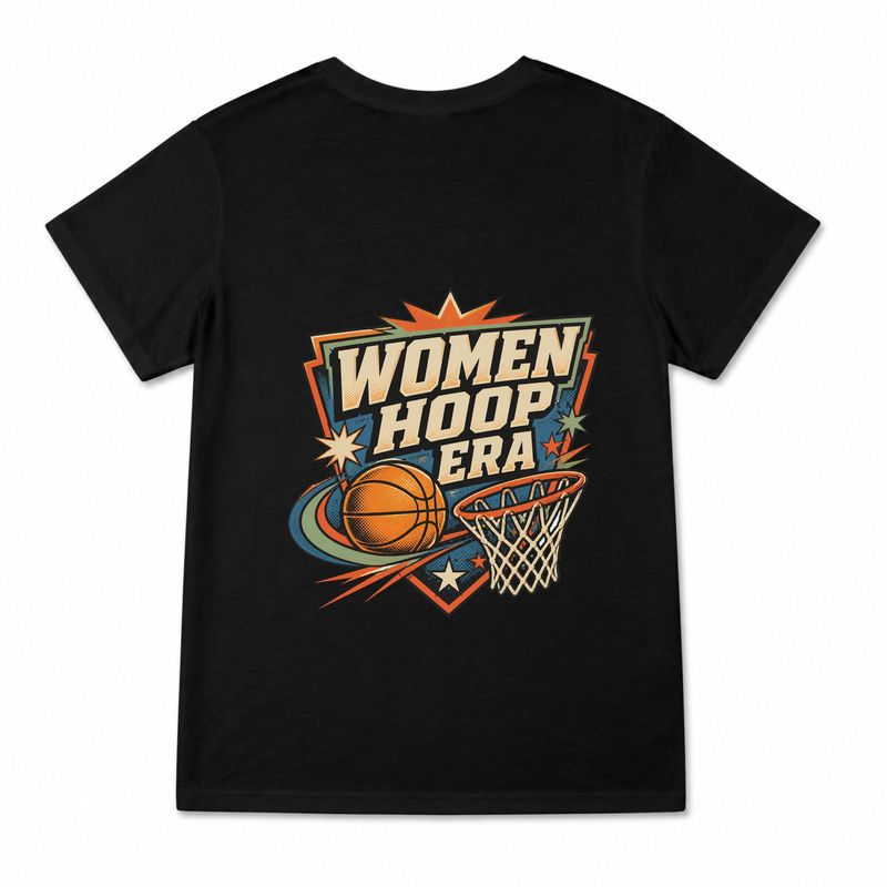 Women's Women Hoop Era Graphic T-Shirt on a black T-shirt.
