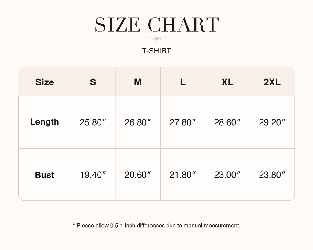 Women's T-shirt size chart for sizes S, M, L, and XL.