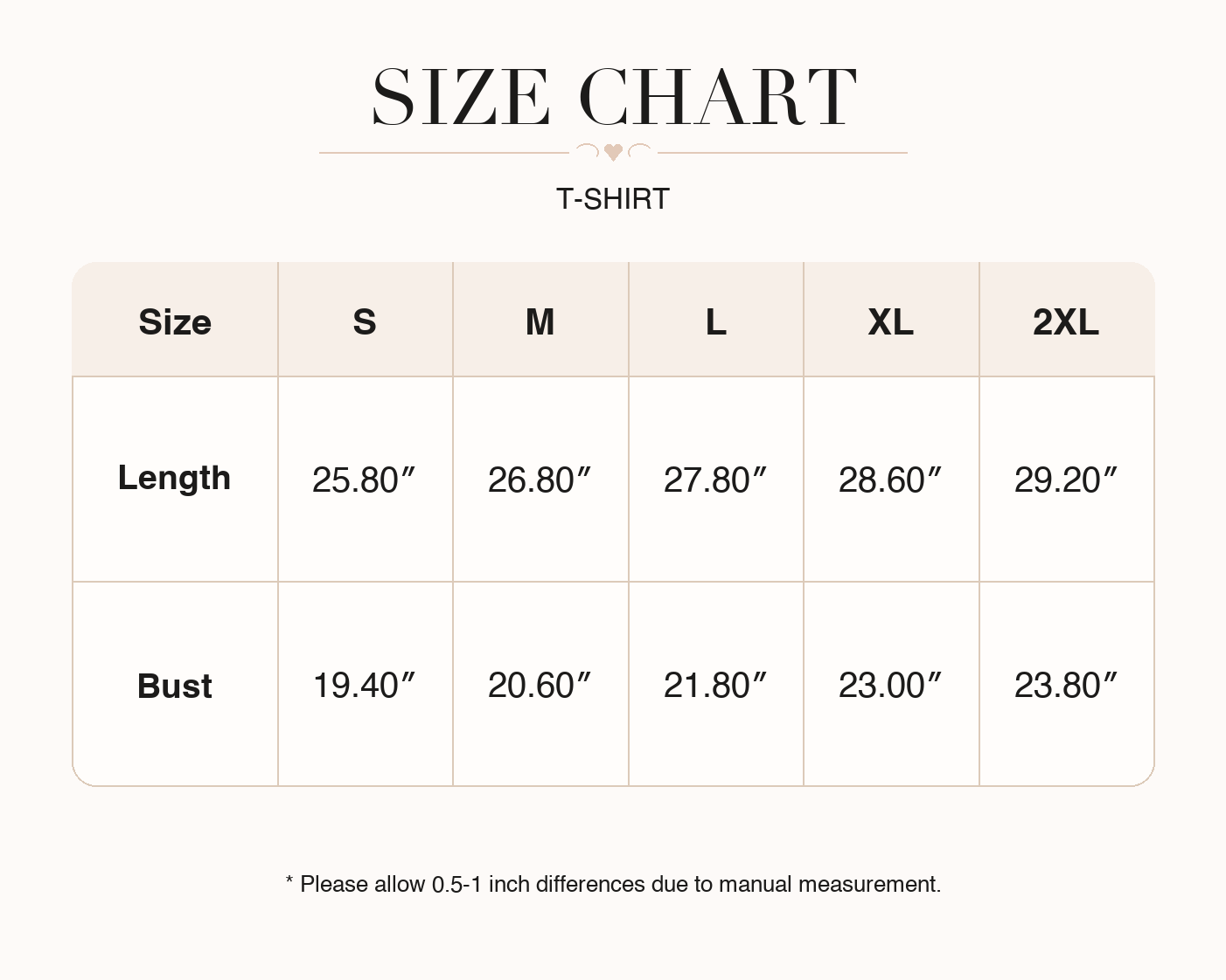 Women's T-shirt size chart for sizes S, M, L, and XL.