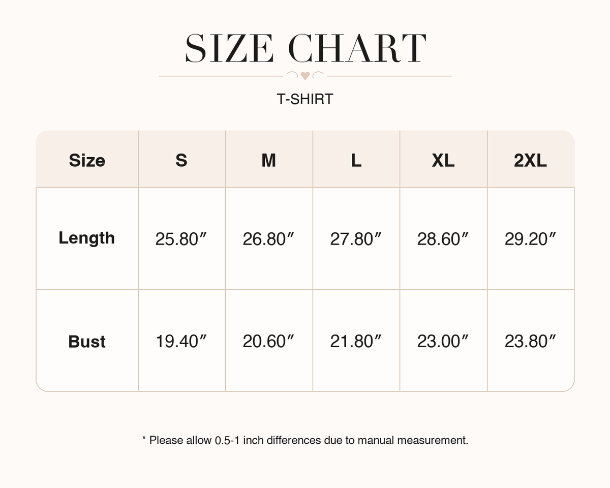 Women's T-shirt size chart for sizes S, M, L, and XL.