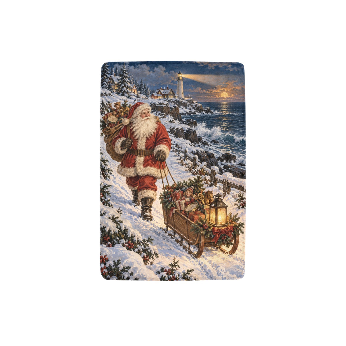 Santa Claus Snowy Lighthouse 32 x 48 in Micro Fleece Blanket