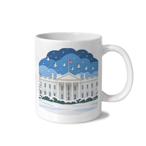 White House Winter Lawn Paper Scene 11 oz White Ceramic Mug