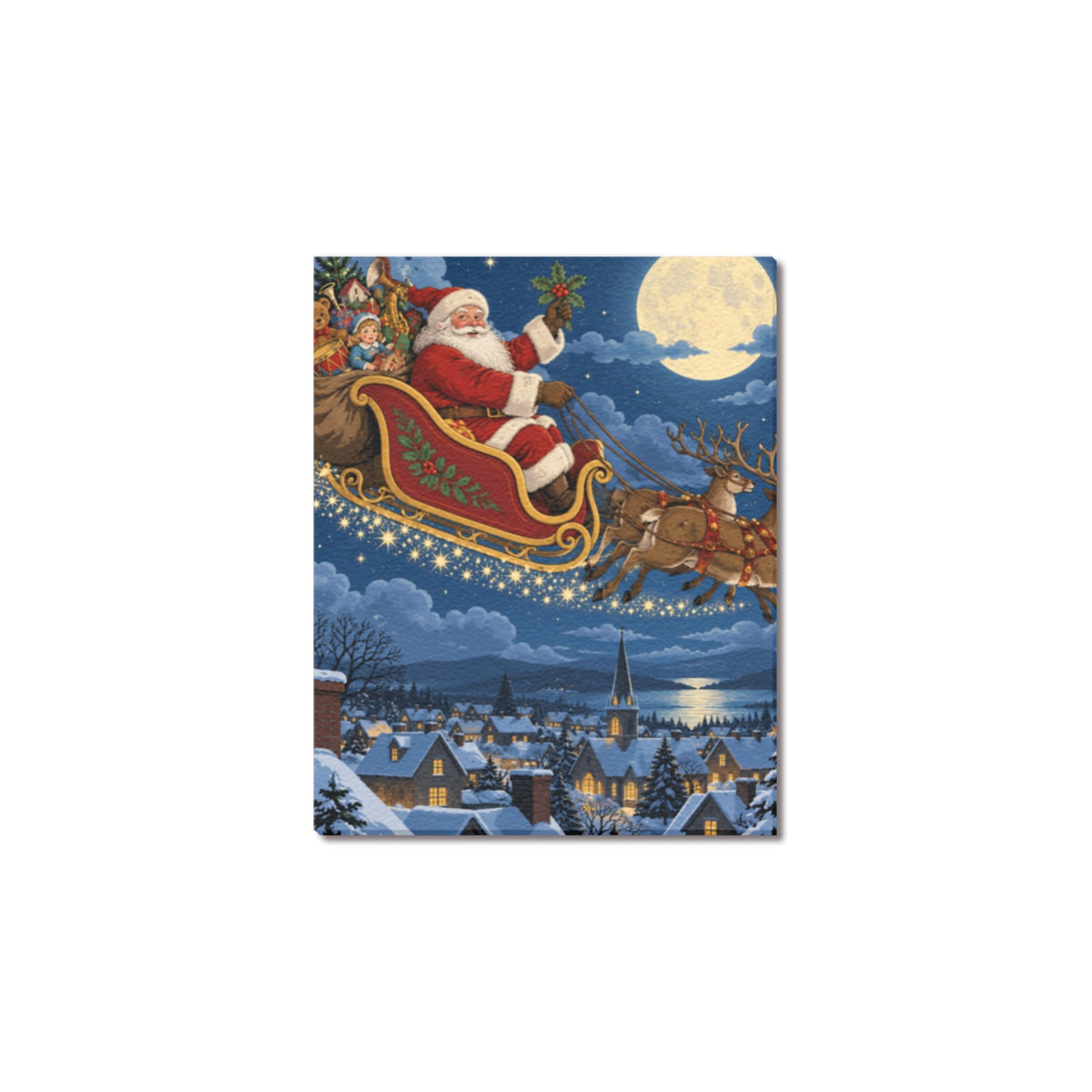 Santa Sky Sled Frame Canvas Print 8"x10"