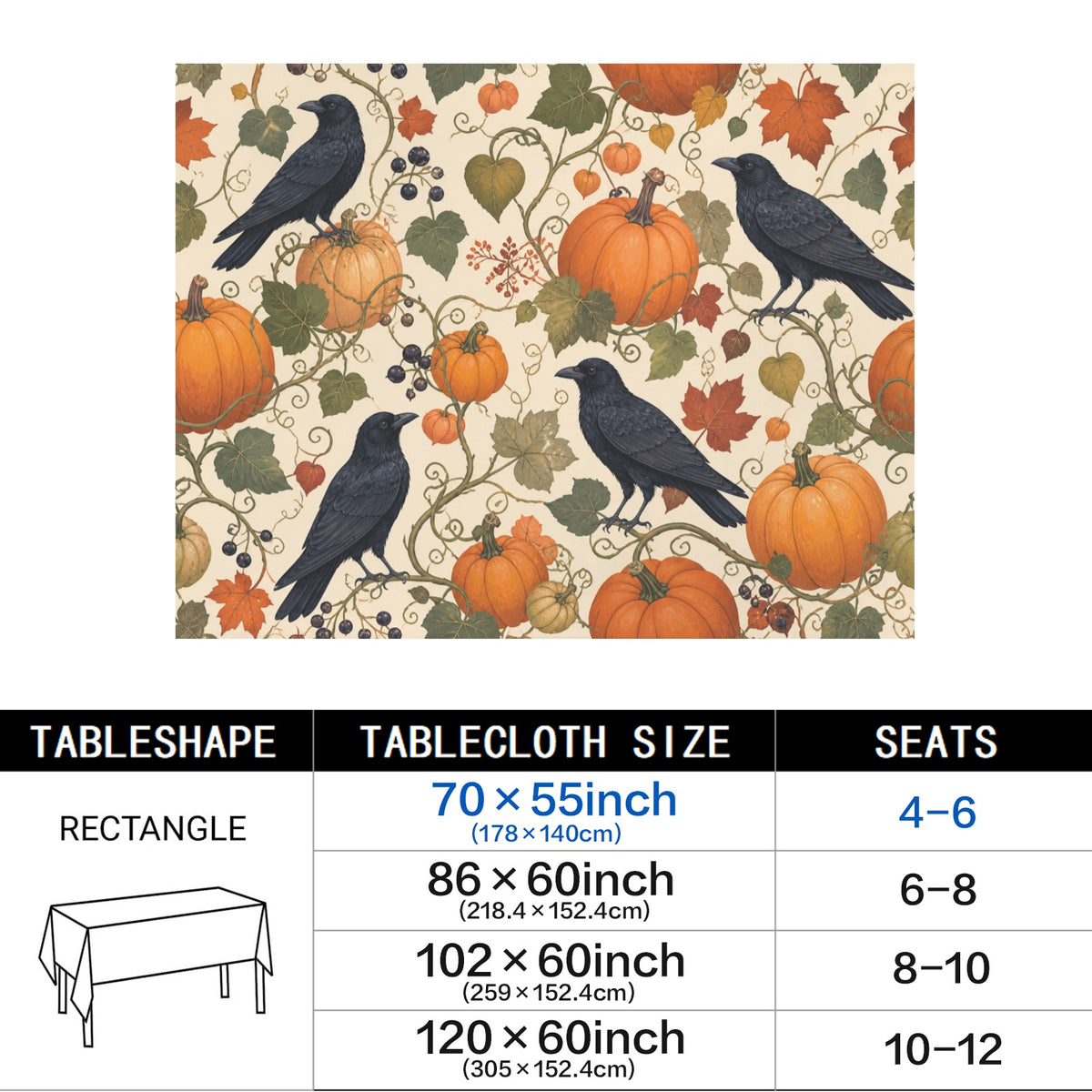 Raven Vine 178cm x 140cm Rectangular Tablecloth 70x55inch (QUE)