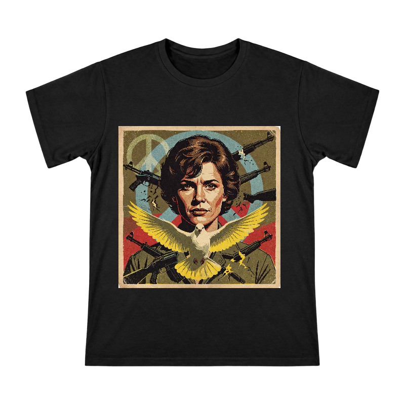 Retro Anti-War Peace Poster with Determined Woman and Broken Guns Men's Cotton T-Shirt front [ai-pod:3906a94f1ede363fc27648a218975b9e]
