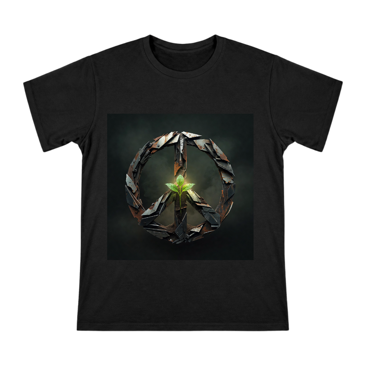 Rusty Metal Peace Symbol with Green Sprout Men's Short Sleeve T-Shirt front [ai-pod:c34097691619c892581b7945a4deb497]