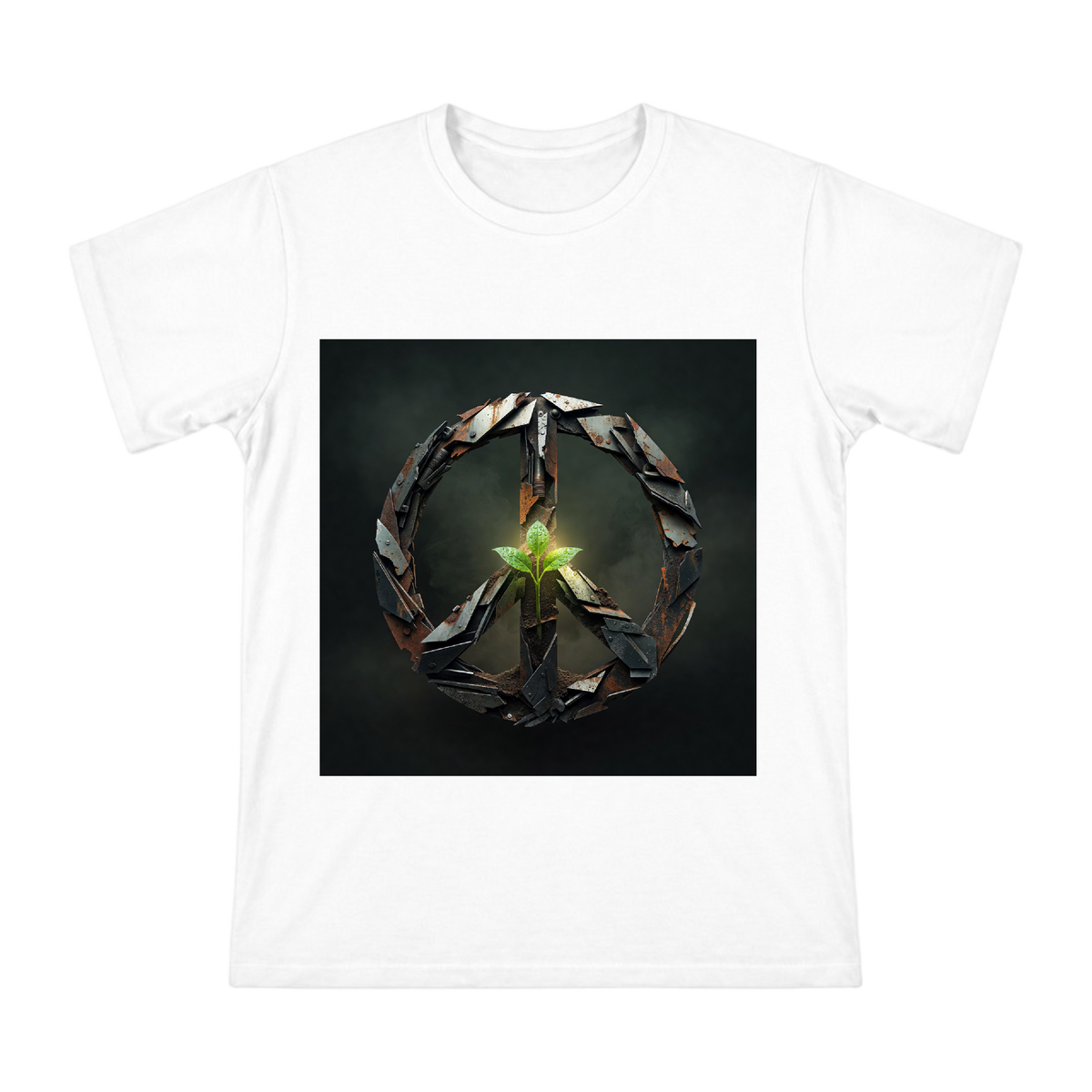 Rusty Metal Peace Symbol with Green Sprout Men's Short Sleeve T-Shirt front [ai-pod:713a4f06f1b4b0ce73fe2cc875624d4f]