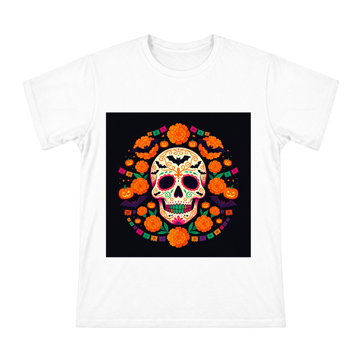 Day of the Dead Skull with Marigolds and Pumpkins Custom Men's Cotton T-Shirt front [ai-pod:456eae56f43cd15b6a0147831dbb1498]