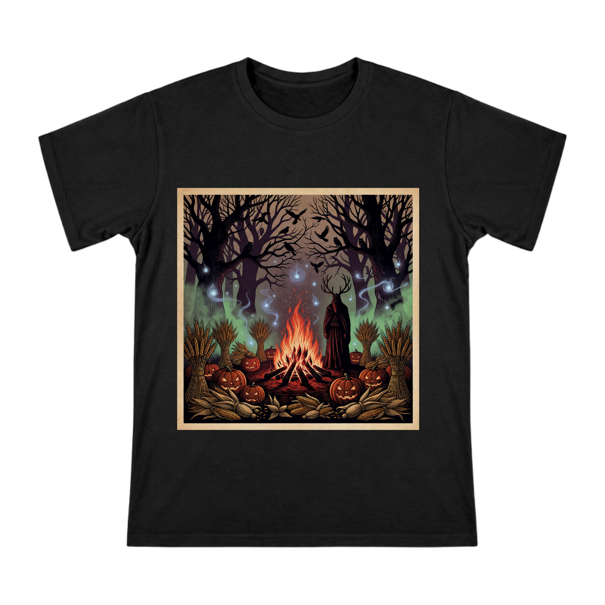 Samhain Bonfire and Antler Guardian Men's Custom Print T-Shirt front [ai-pod:b58cc3097101b56896011efeb24fbe6d]