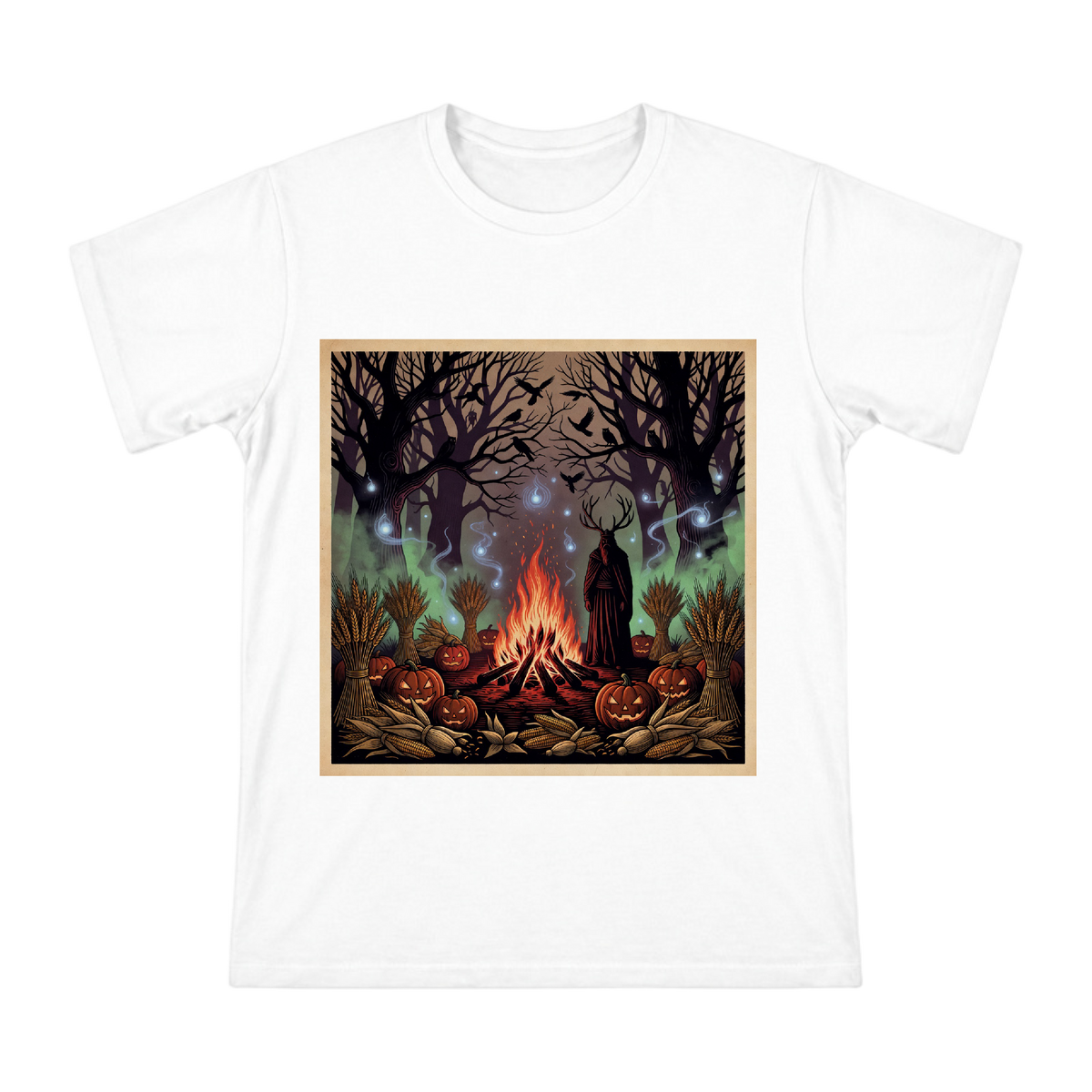Samhain Bonfire and Antler Guardian Men's Custom Print T-Shirt front [ai-pod:611a57e3af56172794831757f26c6934]