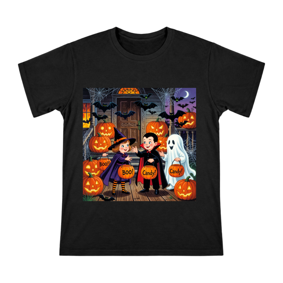 Vintage American Cartoon Halloween Witch and Vampire Trick-or-Treat Illustration Men's Short Sleeve T-Shirt front [ai-pod:5c211c9dc3b7b276a319d0f04125cb32]