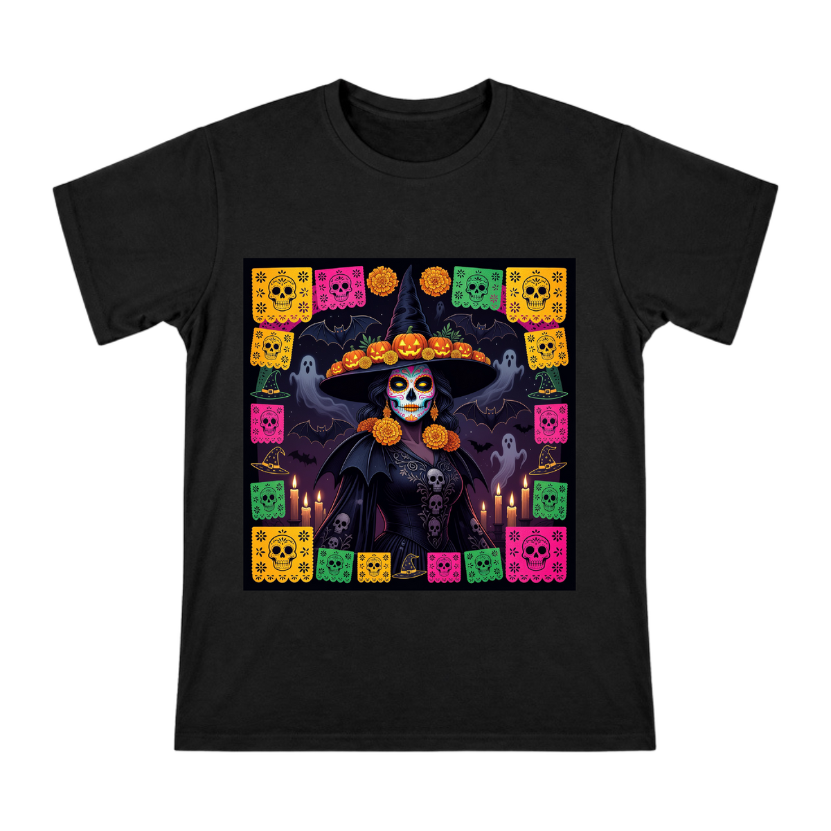 Gothic Sugar Skull Witch Day of the Dead Print Men's Short Sleeve Cotton T-Shirt front [ai-pod:359fbbe10152b144295cd391e9aee519]