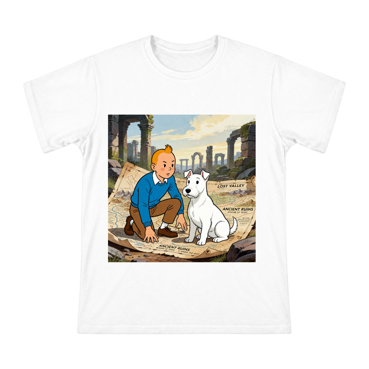 Classic Comic Style Teenager and White Fox Terrier Illustration Men's Short Sleeve T-Shirt front [ai-pod:b3b1f46622f4c11a1efa5c6a71a5c4a5]