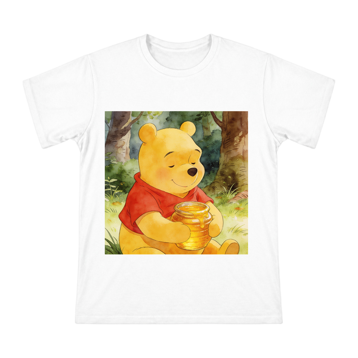 Watercolor Winnie the Pooh with Honey Pot Men's Custom T-Shirt front [ai-pod:6ccda00e6a51a15c783718b9643f62a6]