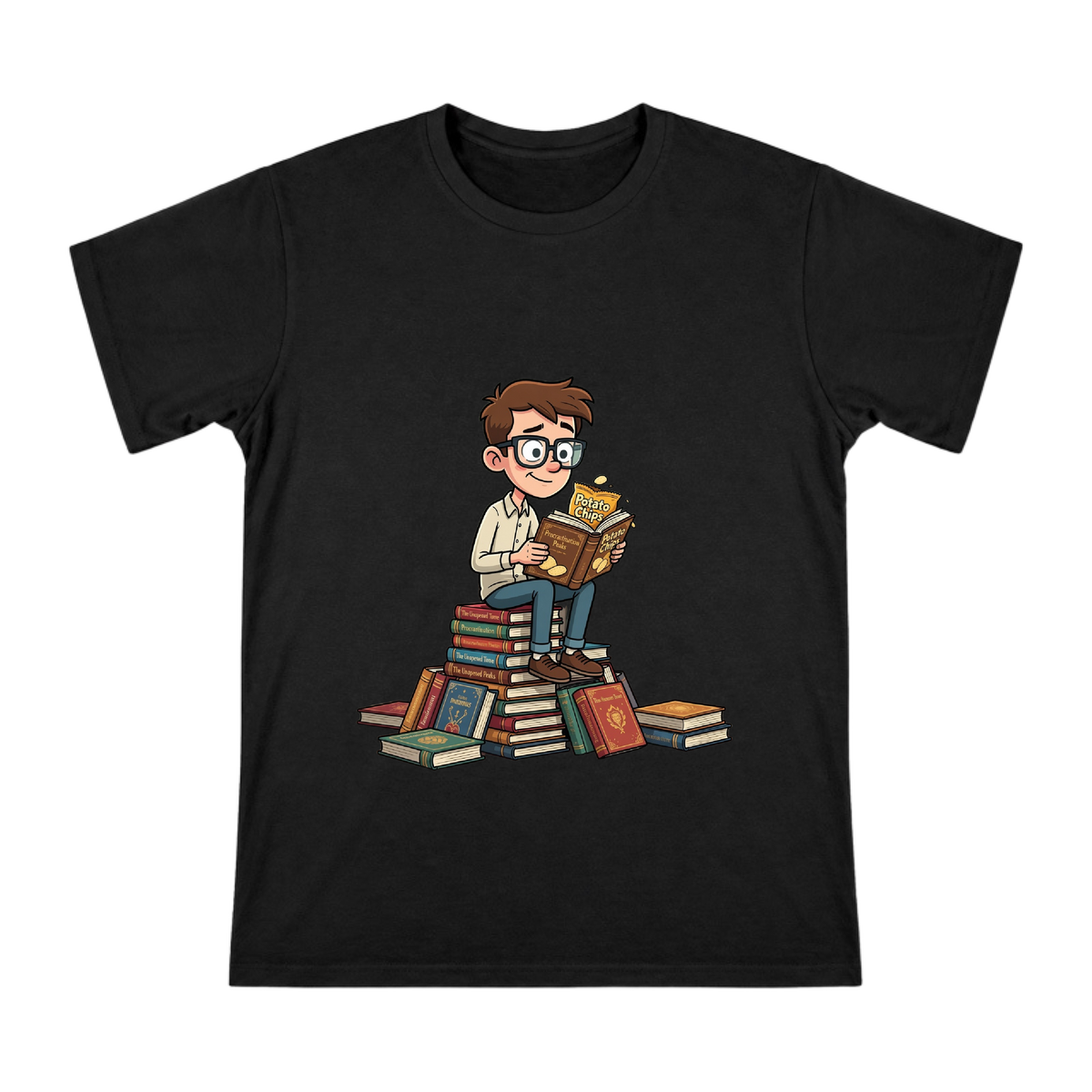 Procrastination Snack Book Stack Men's Custom Print T-Shirt front [ai-pod:c7c6003c1ca296ec73d190b2f3816876]