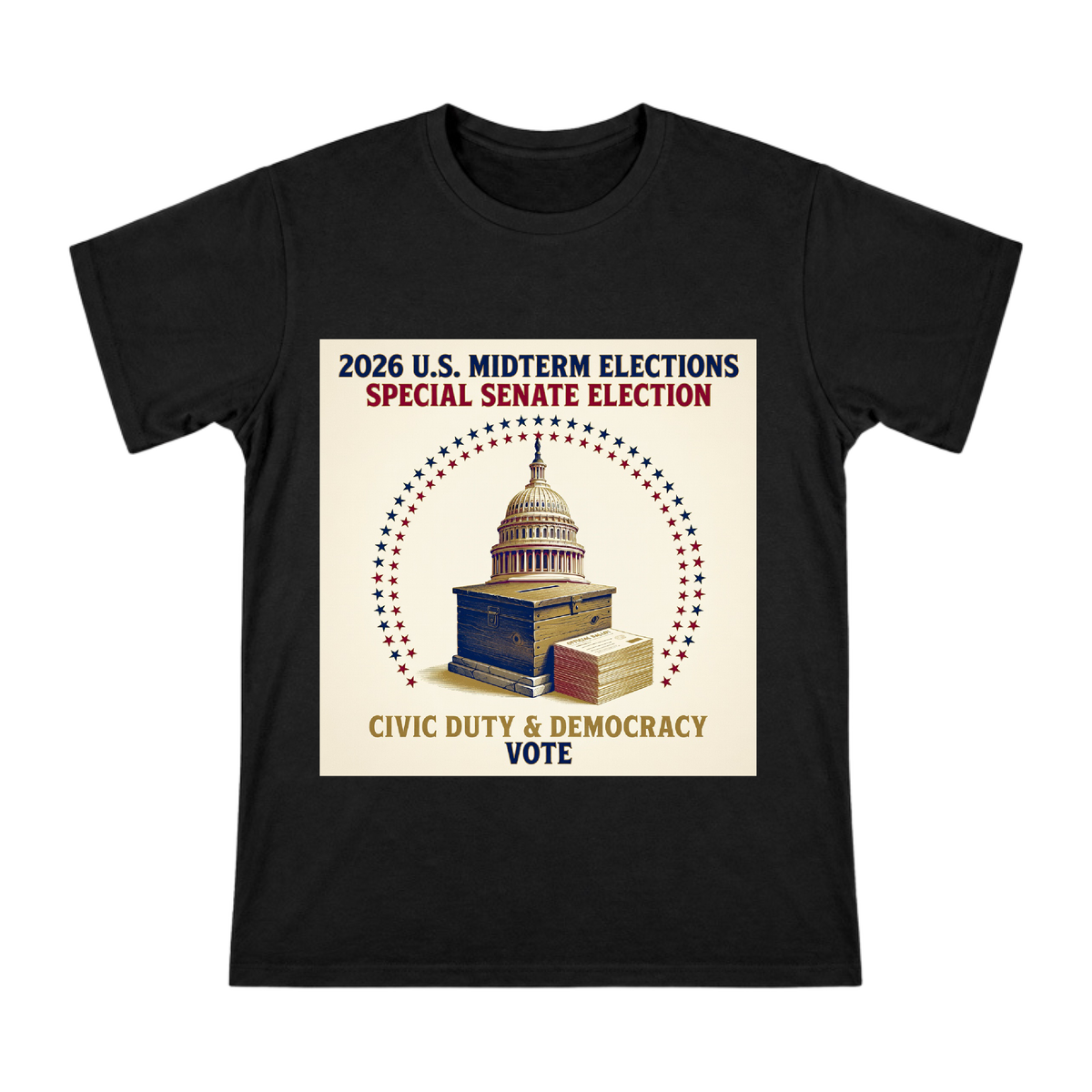 Retro Political Poster U.S. Capitol and Ballot Box Custom Men's T-Shirt front [ai-pod:3847325c1fb0b73762a50a9e30dc03cf]