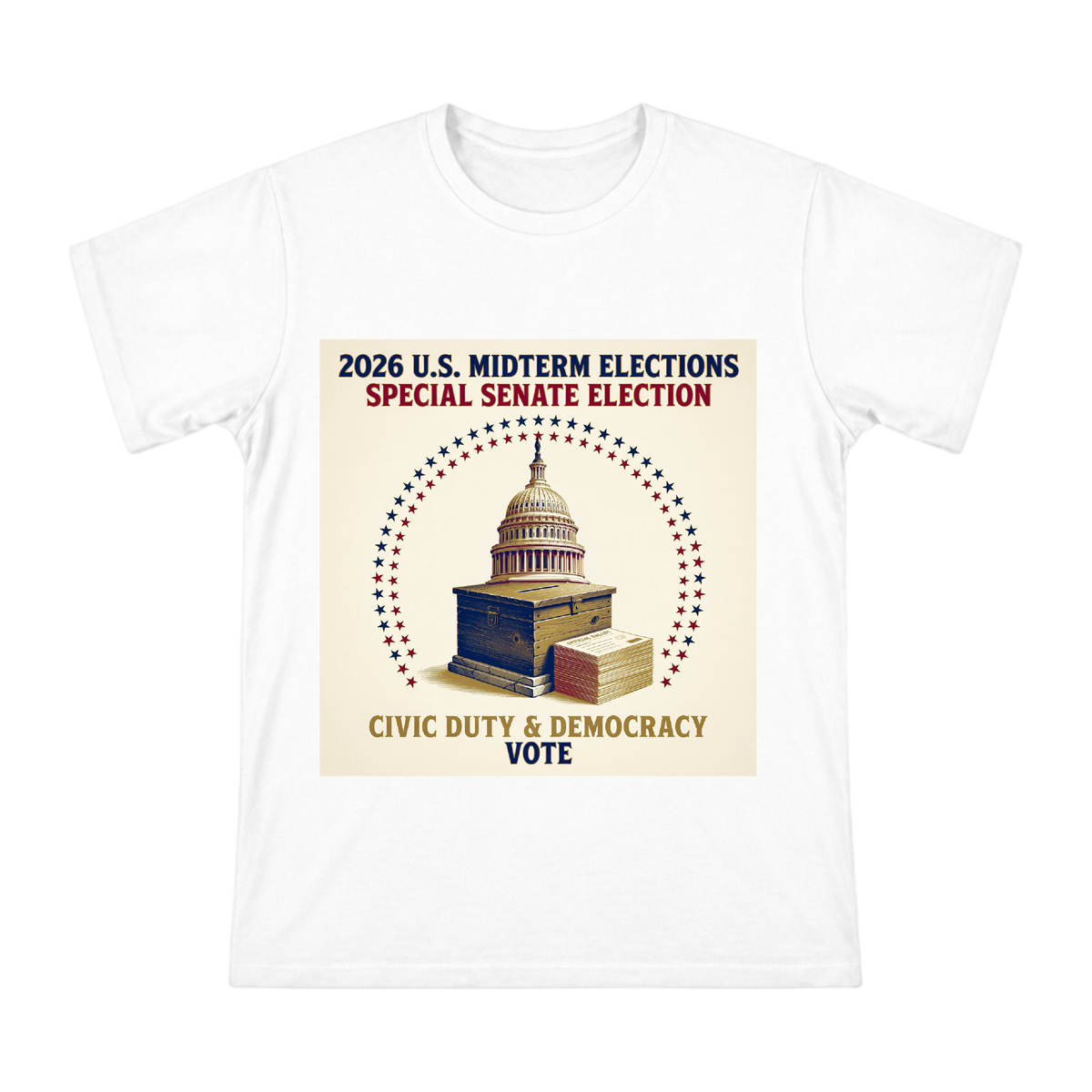 Retro Political Poster U.S. Capitol and Ballot Box Custom Men's T-Shirt front [ai-pod:c55b396755529c6b45351dfa6e56b644]