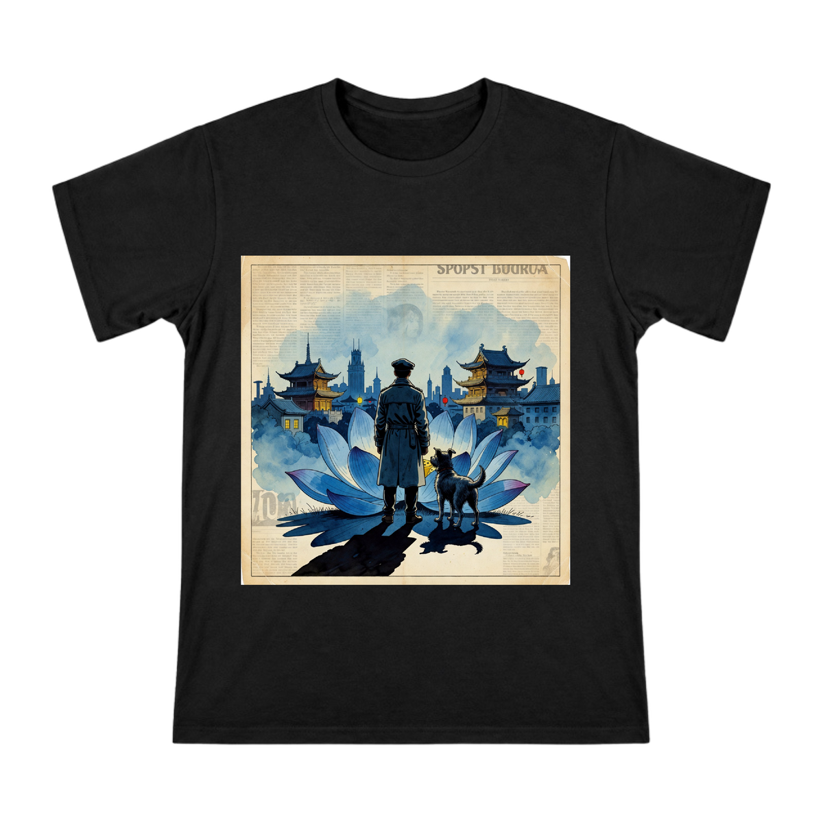 Vintage Comic Silhouette of Man and Dog on Men's Short Sleeve T-Shirt front [ai-pod:80bf5eab7e9669af0ca34936cc808689]