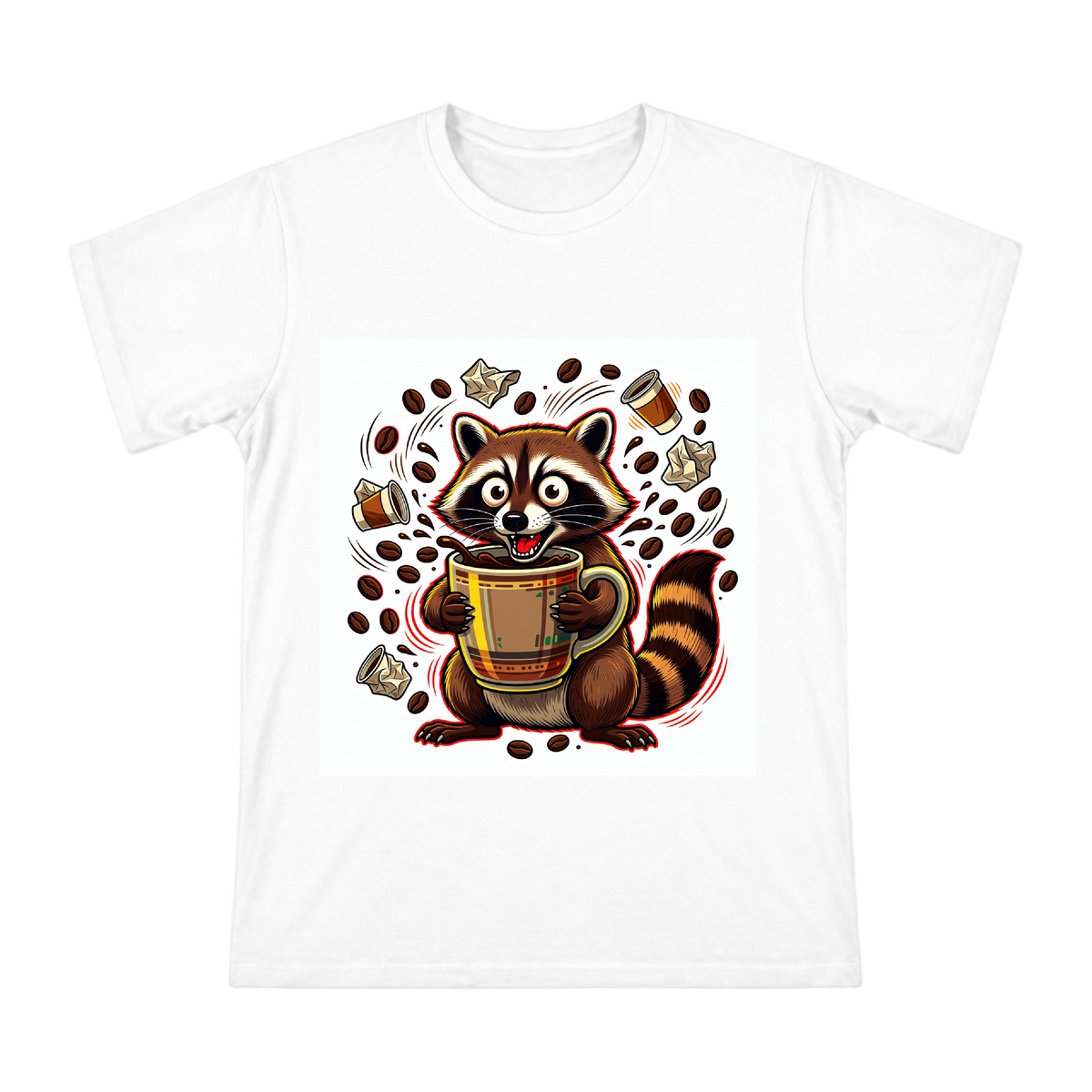 Excited Raccoon with Coffee Vector Art Men's Short Sleeve T-Shirt front [ai-pod:88db34b964e0661e8cfb7ce2e2d1f79d]