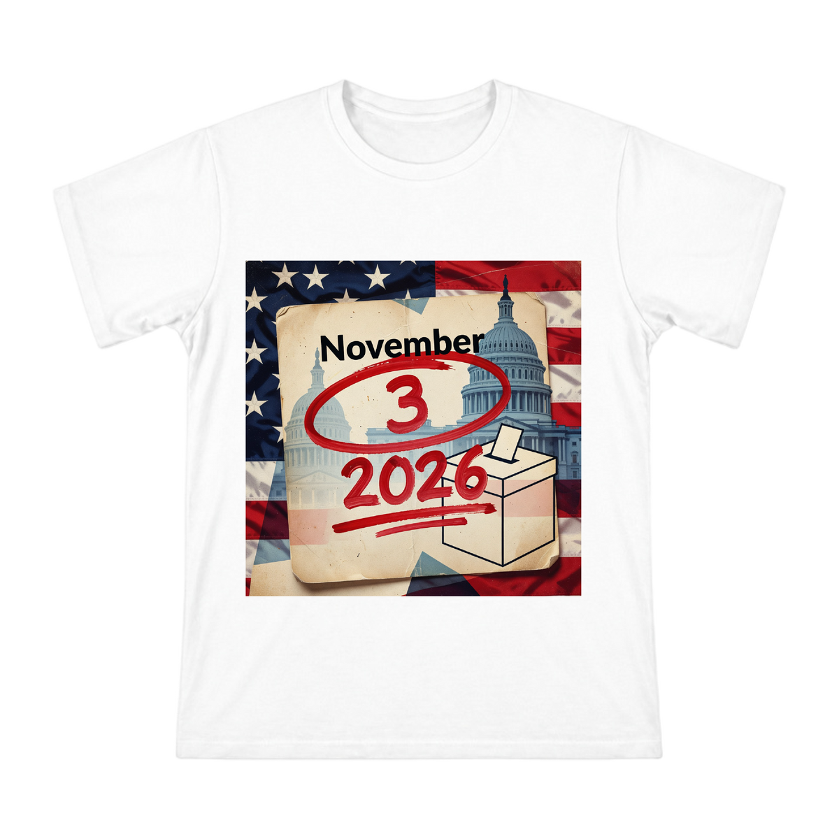 2026 US Midterm Election Calendar and Capitol Silhouette Men's Cotton T-Shirt front [ai-pod:a55483cb7d561a4f20cb01fef89d0fc4]