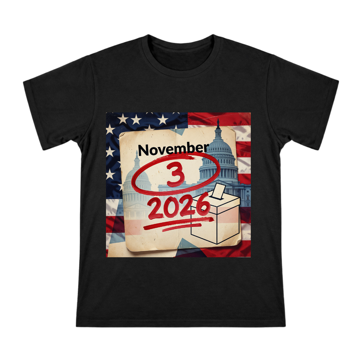 2026 US Midterm Election Calendar and Capitol Silhouette Men's Cotton T-Shirt front [ai-pod:be87c0e6a6fcc975320d287c1fa6dec9]
