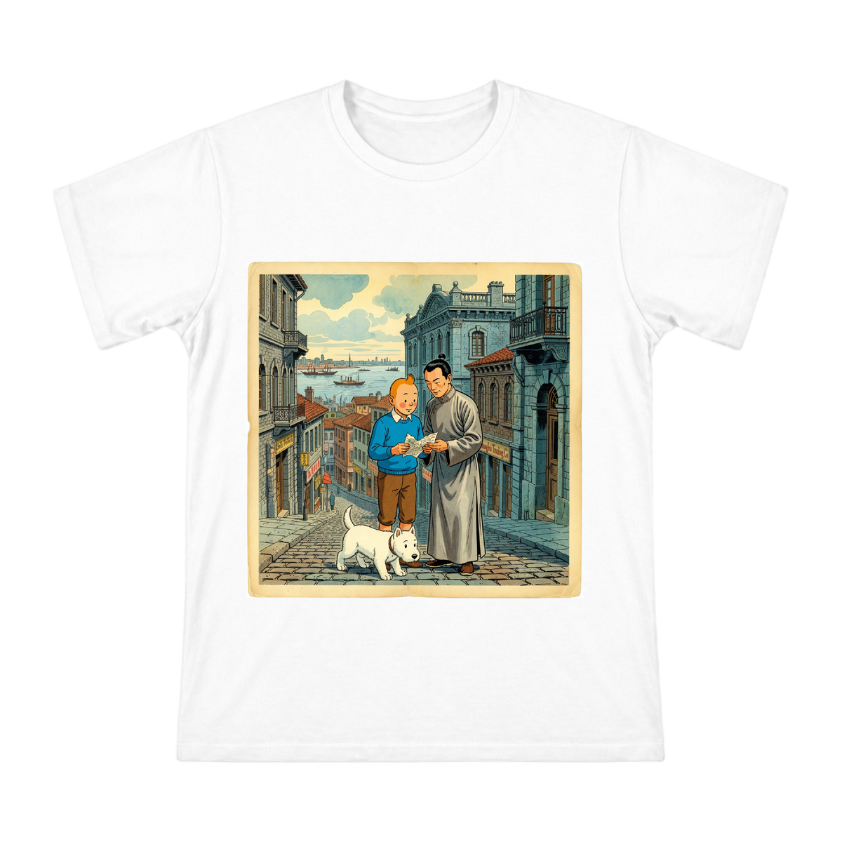 Tintin and Chang in 1930s Shanghai Men's Cotton T-Shirt front [ai-pod:d004054eb1103af0afc8642161376ee9]