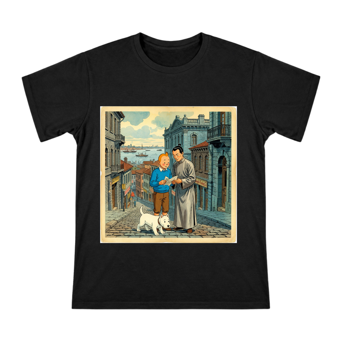 Tintin and Chang in 1930s Shanghai Men's Cotton T-Shirt front [ai-pod:f9c7364a0d089097ad42313589db76b2]