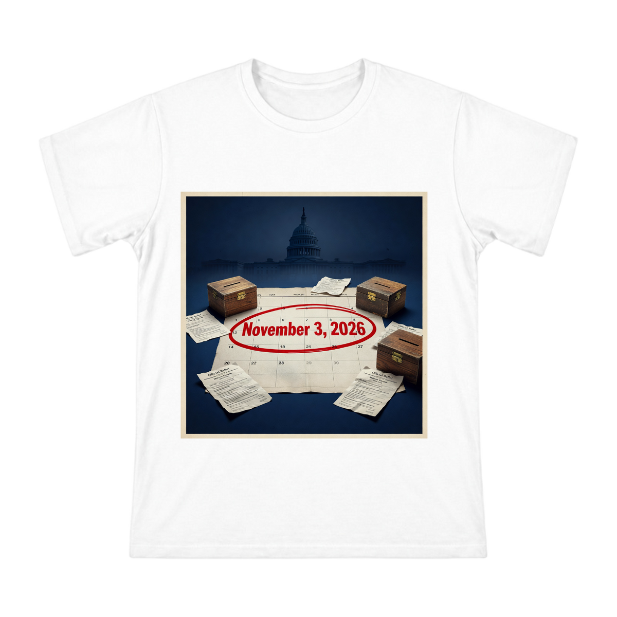 2026 Election Day Vintage Calendar and Ballot Box Men's Short Sleeve T-Shirt front [ai-pod:8edae12f02fdc1cef22070f08b80b9ad]