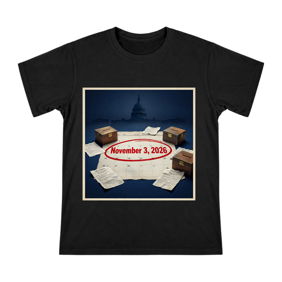 2026 Election Day Vintage Calendar and Ballot Box Men's Short Sleeve T-Shirt front [ai-pod:35c1dbce6e2eeb3ae72859d31d36f9f2]