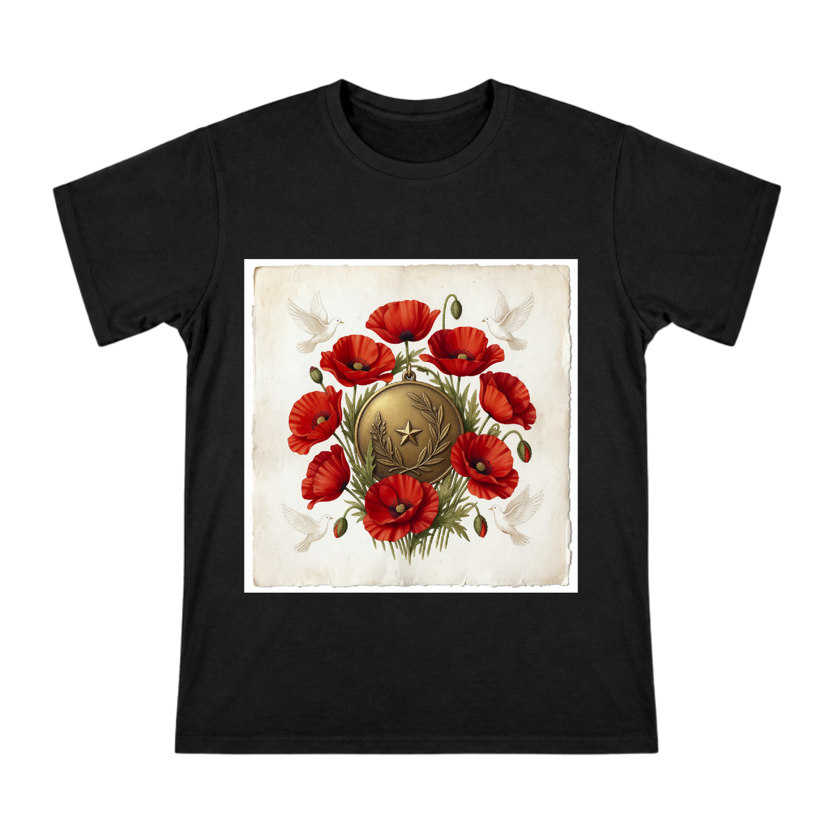 Vintage Medal and Red Poppy Wreath Men's Custom T-Shirt front [ai-pod:b0a336cf676d50dd68ce4ecedae778e4]