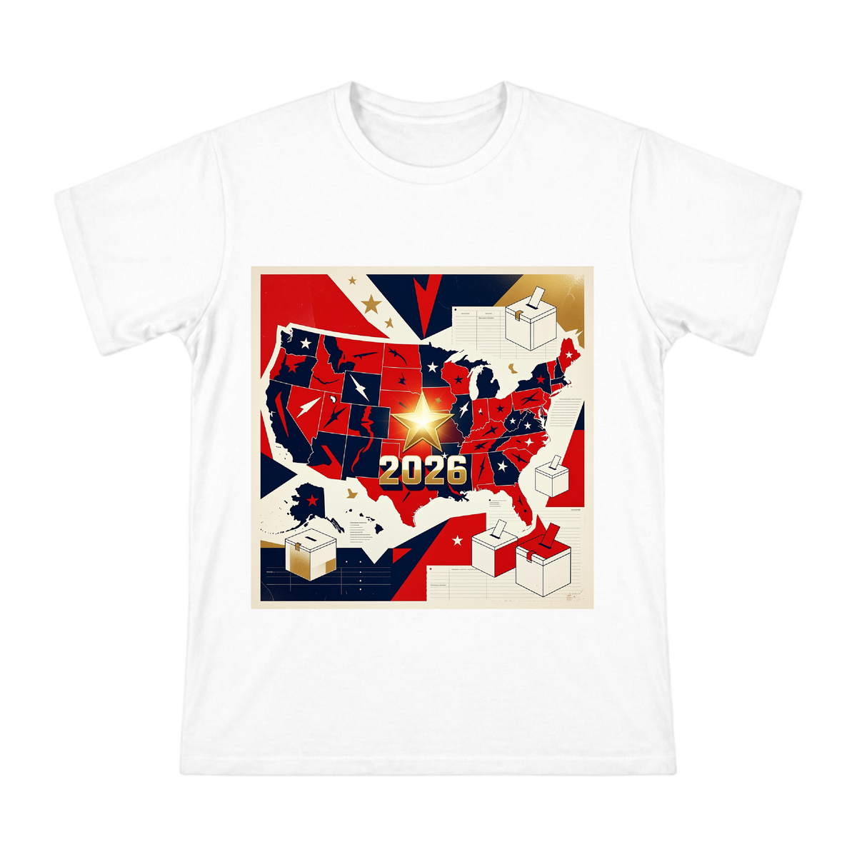 2026 US Election Pop Art Map & Voting Box Graphic Men's T-Shirt front [ai-pod:de18029cfa72c8f1f4a7b8635b94a5dc]