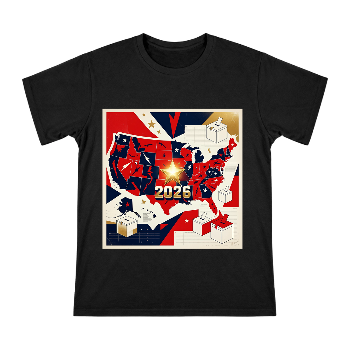 2026 US Election Pop Art Map & Voting Box Graphic Men's T-Shirt front [ai-pod:1dd72c2fc5a9885bf427412eed73144e]